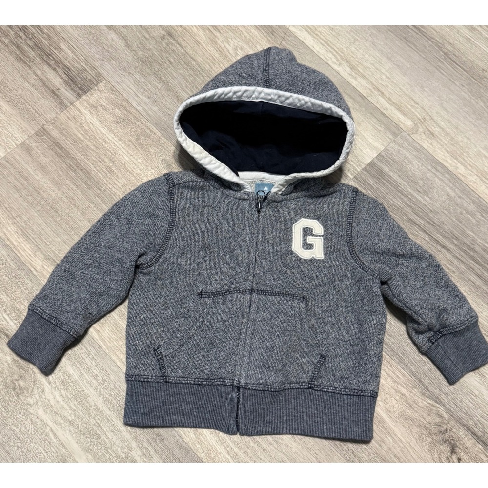 Baby Gap Hoodie Zip Up Gray G Patch Pocket Fleece Lined Size 6 12 Months